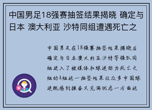 中国男足18强赛抽签结果揭晓 确定与日本 澳大利亚 沙特同组遭遇死亡之组
